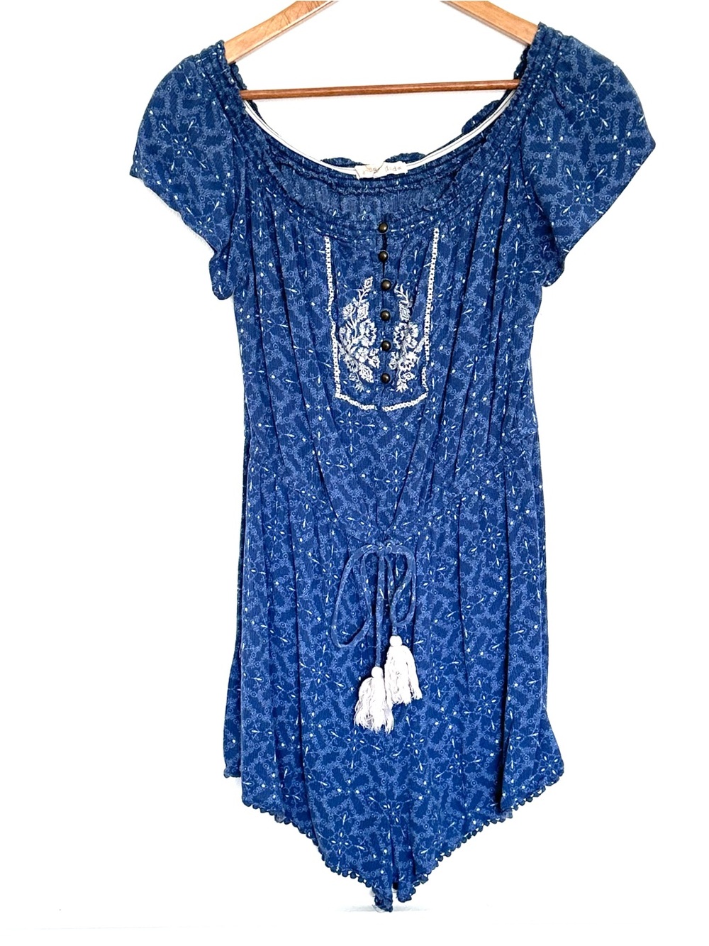 Rewind Romper Women’s Large Blue White Geometric Short Sleeve Lightweight